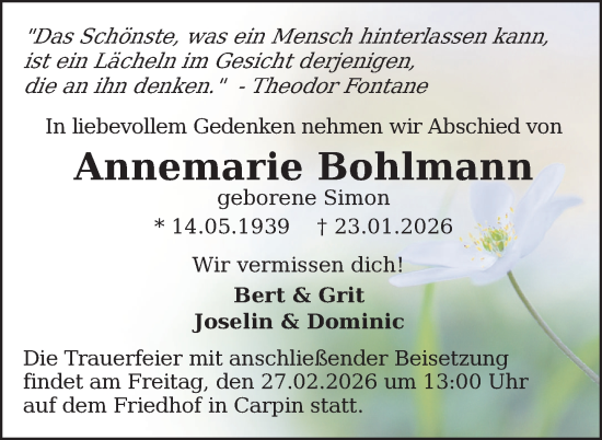 Traueranzeige von Annemarie Bohlmann von Nordkurier Strelitzer Zeitung
