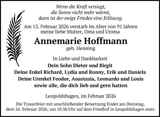 Traueranzeige von Annemarie Hoffmann von Nordkurier Grosso, Nordkurier Haff-Zeitung