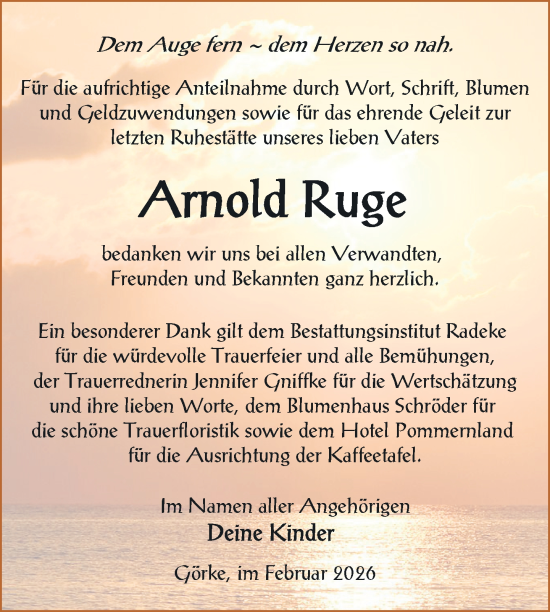 Traueranzeige von Arnold Ruge von Nordkurier Vorpommern Kurier, Nordkurier Grosso