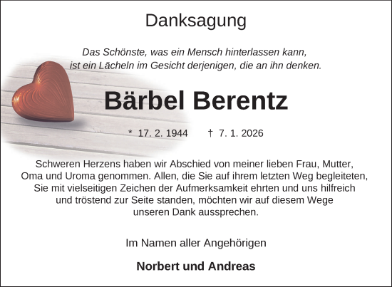Traueranzeige von Bärbel Berentz von Nordkurier Neubrandenburger Zeitung, Nordkurier Grosso