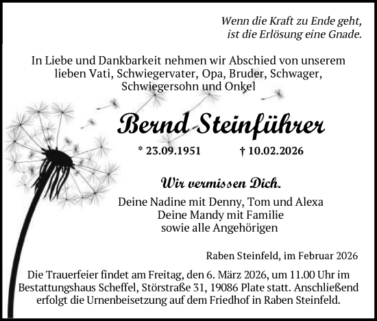 Traueranzeige von Bernd Steinführer von Zeitung für die Landeshauptstadt