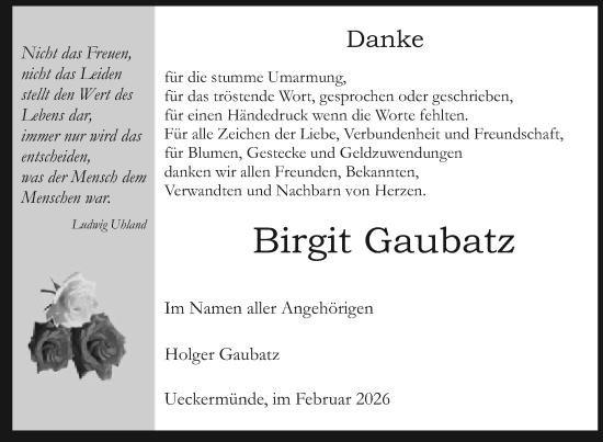 Traueranzeige von Birgit Gaubatz von Nordkurier Haff-Zeitung, Nordkurier Grosso