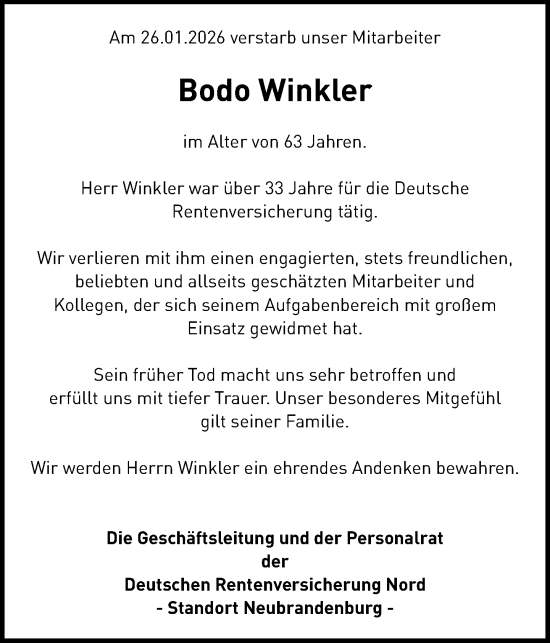 Traueranzeige von Bodo Winkler von Nordkurier Neubrandenburger Zeitung