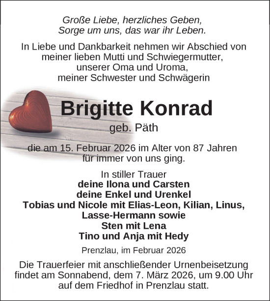 Traueranzeige von Brigitte Konrad von Uckermark Kurier Prenzlauer Zeitung