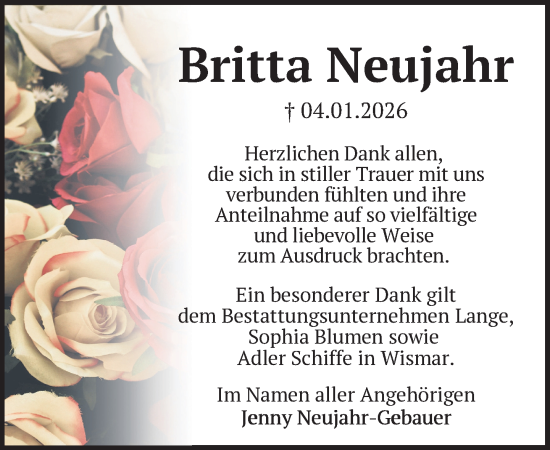 Traueranzeige von Britta Neujahr von Gadebusch - Rehnaer Zeitung