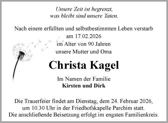 Traueranzeige von Christa Kagel von Parchim und Lübz