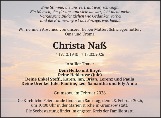 Traueranzeige von Christa Naß von Uckermark Kurier Prenzlauer Zeitung