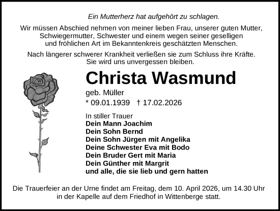 Traueranzeige von Christa Wasmund von Der Prignitzer