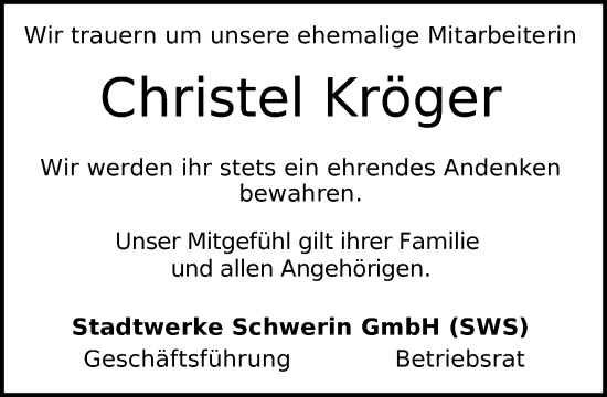 Traueranzeige von Christel Kröger von Zeitung für die Landeshauptstadt