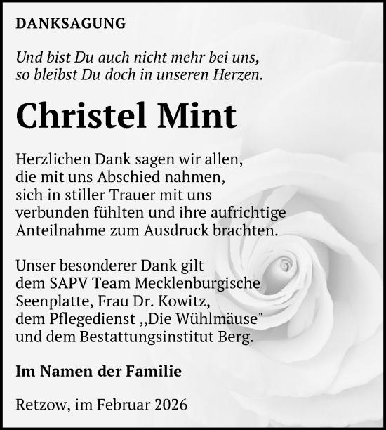 Traueranzeige von Christel Mint von Nordkurier Mecklenburger Schweiz, Nordkurier Grosso