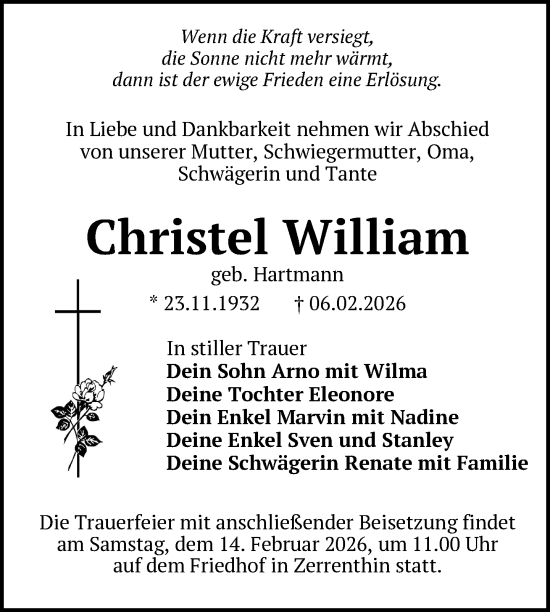 Traueranzeige von Christel William von Nordkurier Grosso, Nordkurier Pasewalker Zeitung
