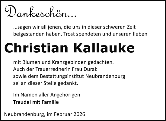 Traueranzeige von Christian Kallauke von Nordkurier Neubrandenburger Zeitung