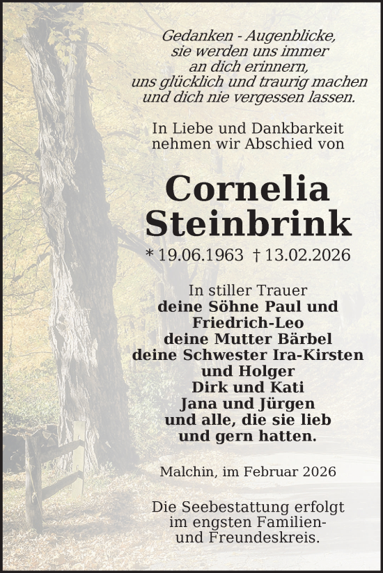 Traueranzeige von Cornelia Steinbrink von Nordkurier Mecklenburger Schweiz, Nordkurier Grosso