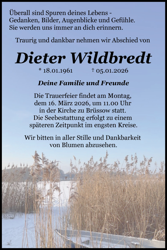 Traueranzeige von Dieter Wildbredt von Uckermark Kurier Prenzlauer Zeitung, Nordkurier Grosso