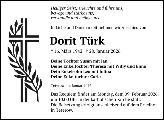 Traueranzeige von Dorit Türk von Nordkurier Mecklenburger Schweiz, Nordkurier Grosso