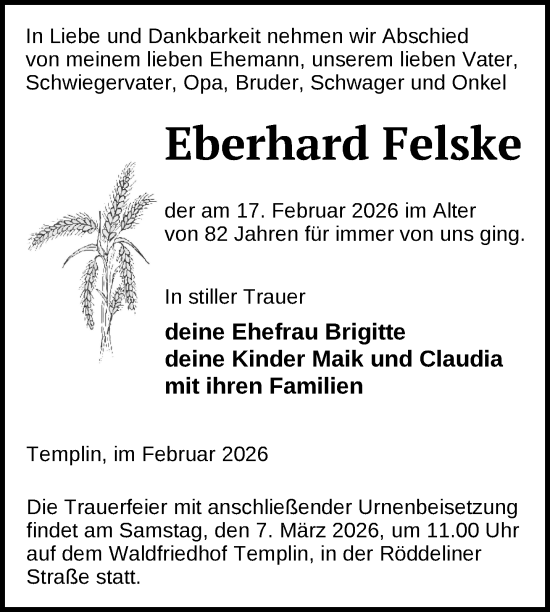 Traueranzeige von Eberhard Felske von Uckermark Kurier Templiner Zeitung