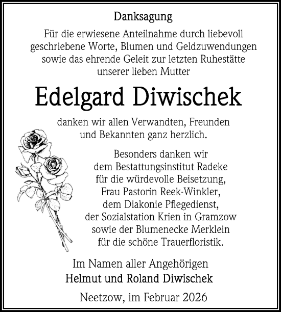 Traueranzeige von Edelgard Diwischek von Nordkurier Vorpommern Kurier, Nordkurier Grosso