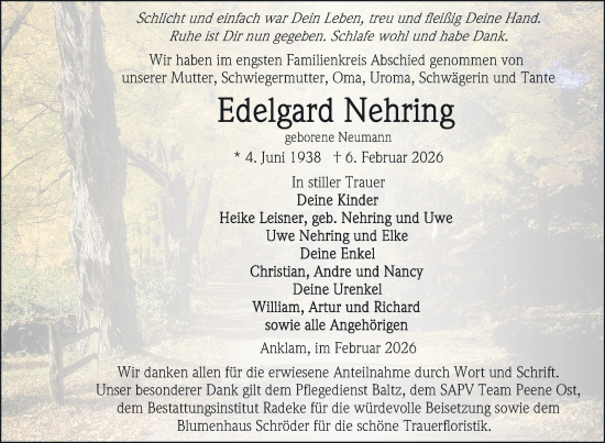 Traueranzeige von Edelgard Nehring von Nordkurier Vorpommern Kurier, Nordkurier Grosso