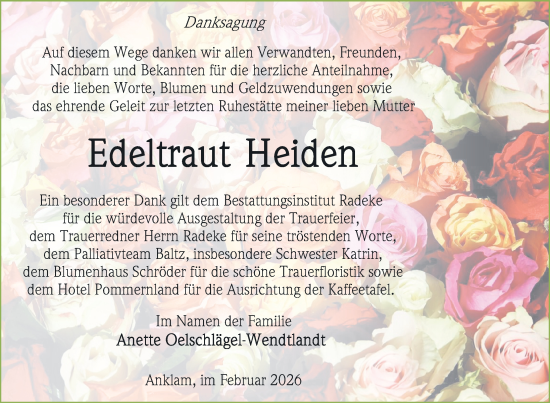 Traueranzeige von Edeltraut Heiden von Nordkurier Vorpommern Kurier, Nordkurier Grosso