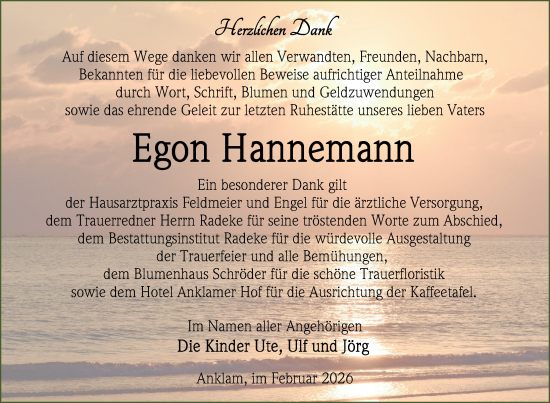Traueranzeige von Egon Hannemann von Nordkurier Vorpommern Kurier, Nordkurier Grosso
