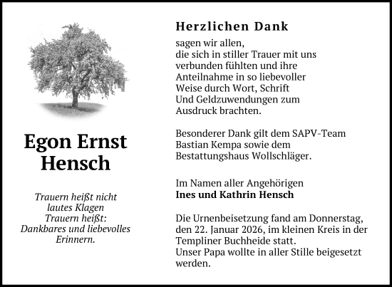 Traueranzeige von Egon Ernst Hensch von Uckermark Kurier Templiner Zeitung