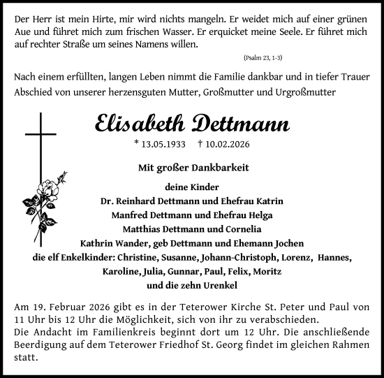 Traueranzeige von Elisabeth Dettmann von Nordkurier Mecklenburger Schweiz, Nordkurier Grosso