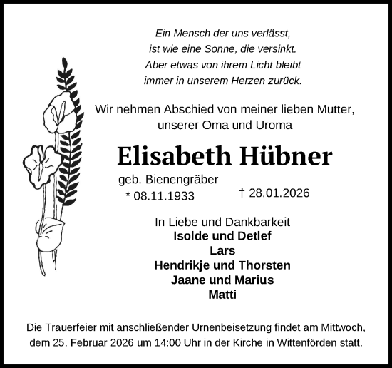 Traueranzeige von Elisabeth Hübner von Zeitung für die Landeshauptstadt