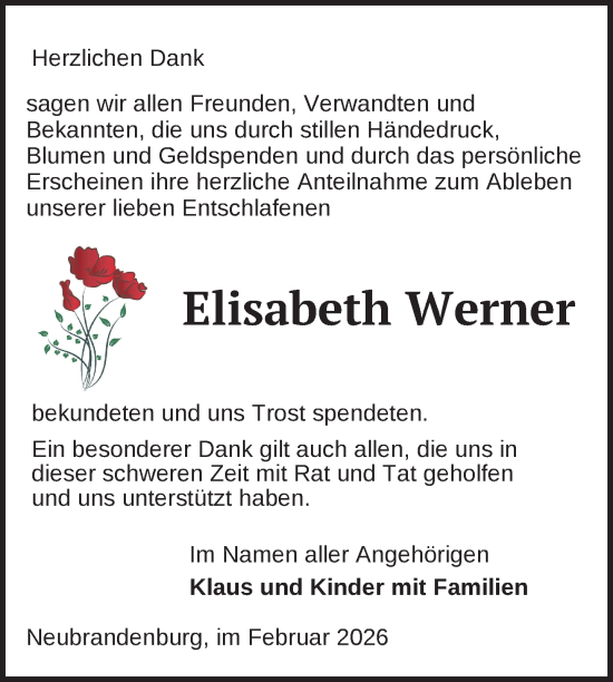 Traueranzeige von Elisabeth Werner von Nordkurier Neubrandenburger Zeitung