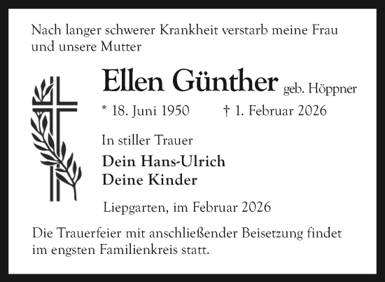 Traueranzeige von Ellen Günther von Nordkurier Haff-Zeitung, Nordkurier Grosso