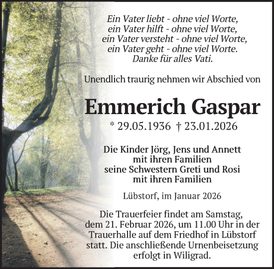 Traueranzeige von Emmerich Gaspar von Zeitung für die Landeshauptstadt