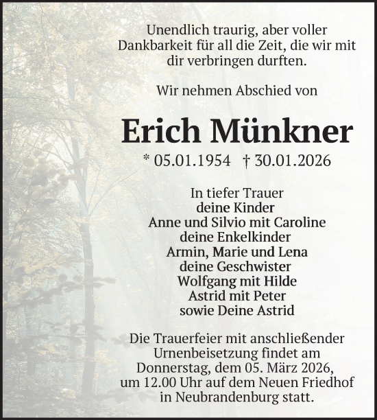 Traueranzeige von Erich Münkner von Nordkurier Neubrandenburger Zeitung, Nordkurier Müritz-Zeitung