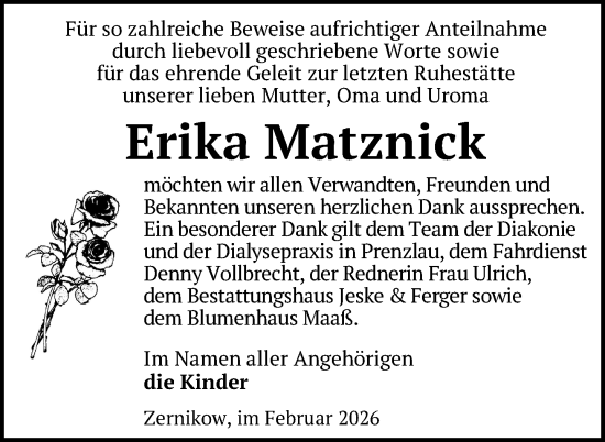 Traueranzeige von Erika Matznick von Uckermark Kurier Prenzlauer Zeitung