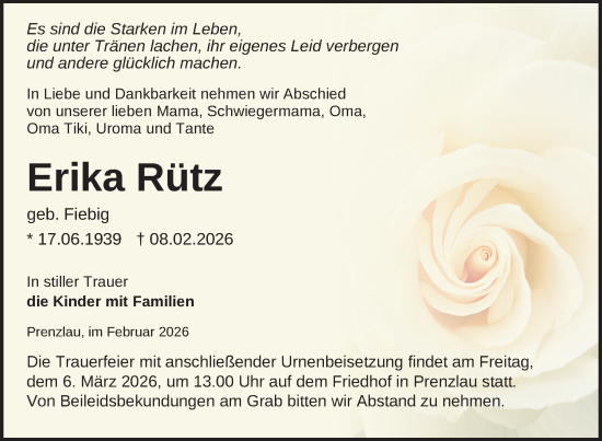 Traueranzeige von Erika Rütz von Uckermark Kurier Prenzlauer Zeitung