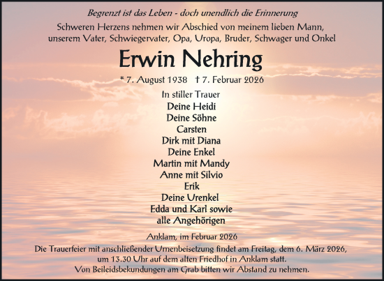 Traueranzeige von Erwin Nehring von Nordkurier Vorpommern Kurier, Nordkurier Grosso