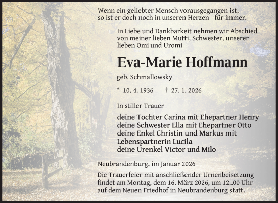 Traueranzeige von Eva-Marie Hoffmann von Nordkurier Neubrandenburger Zeitung