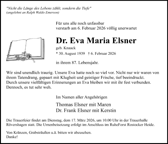 Traueranzeige von Eva Maria Elsner von Norddeutsche Neueste Nachrichten