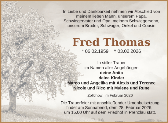 Traueranzeige von Fred Thomas von Uckermark Kurier Prenzlauer Zeitung