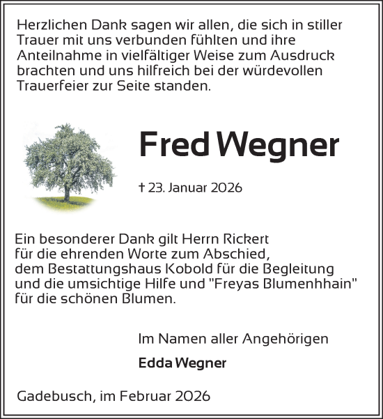 Traueranzeige von Fred Wegner von Gadebusch - Rehnaer Zeitung