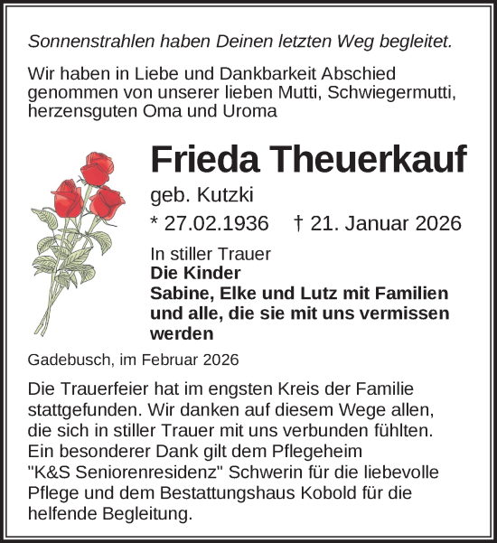 Traueranzeige von Frieda Theuerkauf von Gadebusch - Rehnaer Zeitung