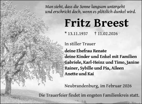 Traueranzeige von Fritz Breest von Nordkurier Neubrandenburger Zeitung