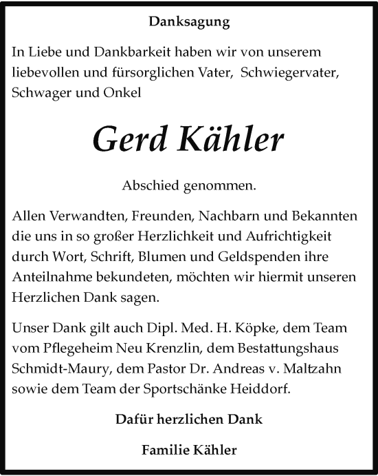 Traueranzeige von Gerd Kähler von Ludwigsluster Tageblatt