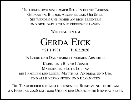 Traueranzeige von Gerda Eick von Norddeutsche Neueste Nachrichten