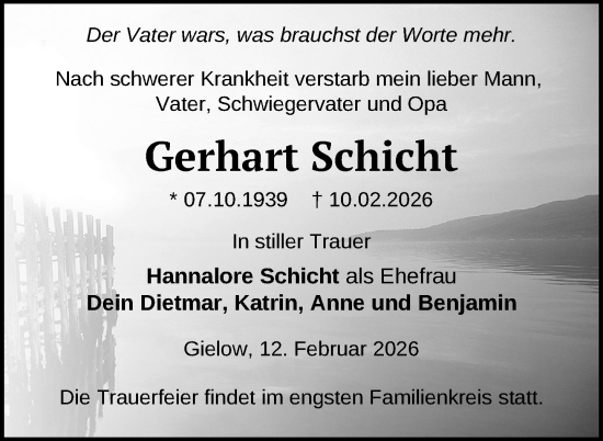 Traueranzeige von Gerhart Schicht von Nordkurier Mecklenburger Schweiz, Nordkurier Grosso