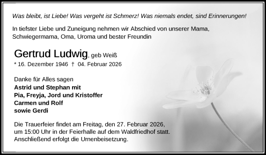 Traueranzeige von Gertrud Ludwig von Zeitung für die Landeshauptstadt
