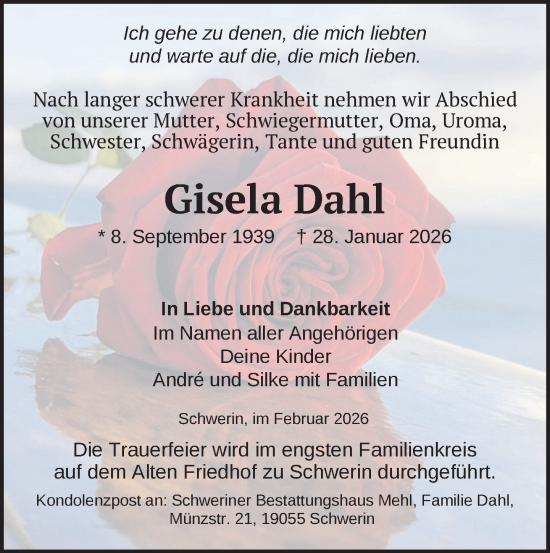 Traueranzeige von Gisela Dahl von Zeitung für die Landeshauptstadt