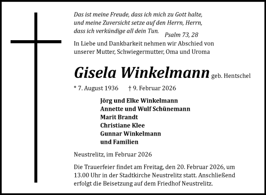 Traueranzeige von Gisela Winkelmann von Nordkurier Grosso, Nordkurier Strelitzer Zeitung