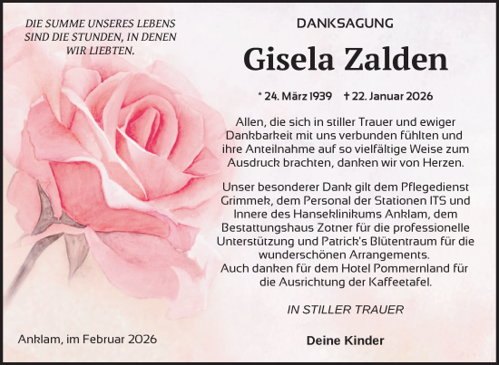Traueranzeige von Gisela Zalden von Nordkurier Vorpommern Kurier, Nordkurier Grosso