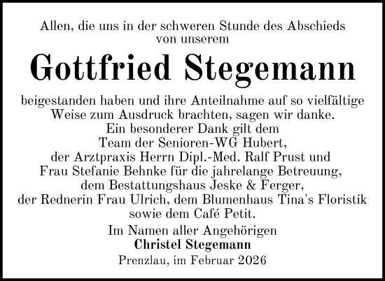 Traueranzeige von Gottfried Stegemann von Uckermark Kurier Prenzlauer Zeitung