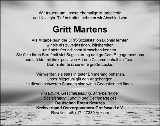 Traueranzeige von Gritt Martens 