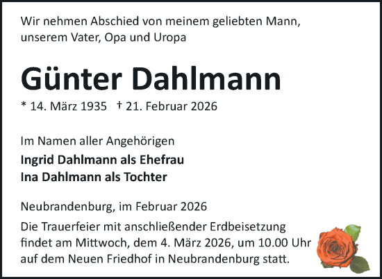 Traueranzeige von Günter Dahlmann von Nordkurier Neubrandenburger Zeitung